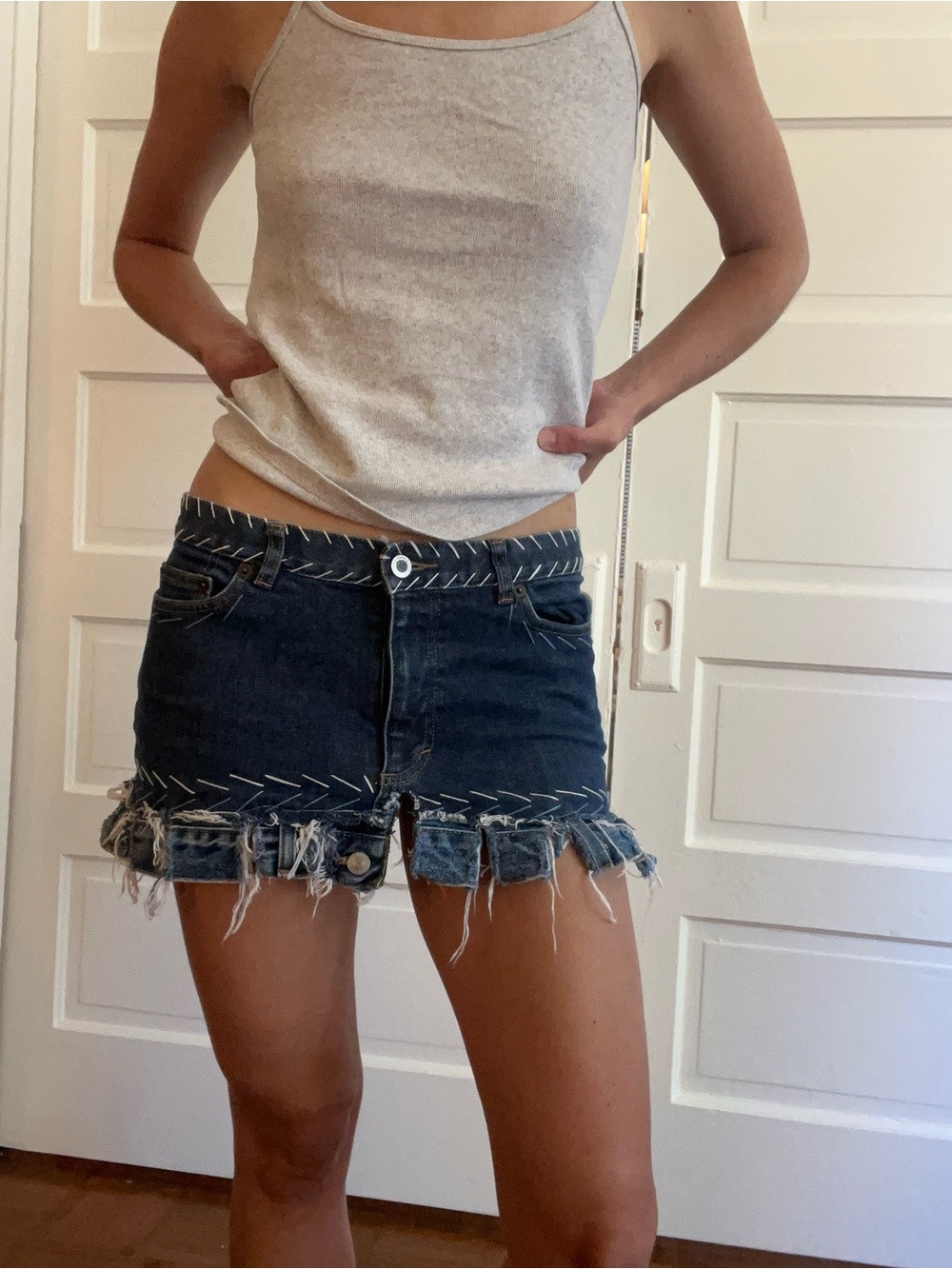 Frayed Hem Dark Denim Mini Skirt